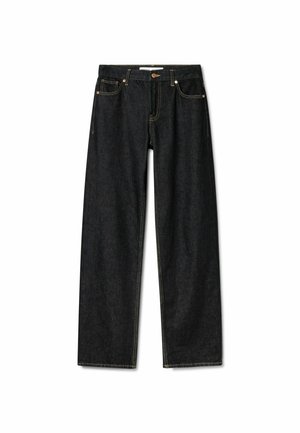 Jean droit noir en denim avec fermeture par bouton et zip, poches avant et arrière, et coutures contrastées.