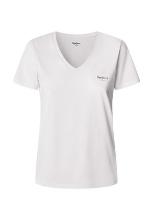 T-shirt en coton blanc avec un col en V, manches courtes et un petit logo noir sur la poitrine gauche. Texture lisse, coupe classique.