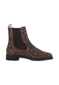 Leopardmönstrade ankle boots med låg klack, elastiska sidopaneler och en dragflik, med ett mjukt texturerat material och svarta detaljer.
