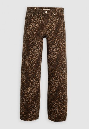 Luipaardprint wijde broek in bruin en beige. Gemaakt van denim, met een klassieke vijf-pocket ontwerp en metalen hardware accenten.
