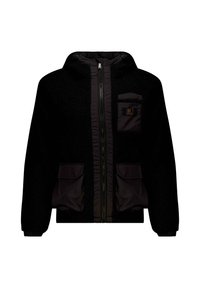 Zwarte capuchonjack met een geprofileerd lichaam, contrasterend glad paneel, ritsluiting en twee voorzakken. Bevat subtiele branding op de borstzak.