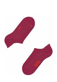 Burgunderfarbene Knöchelsocken mit einem strukturierten Strickdesign, verstärkter Zehen- und Fersenpartie sowie "Falke Cool Kick" in Orange bedruckt.