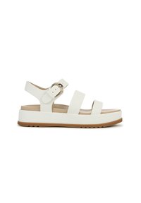Sandali platform bianchi con tre cinturini regolabili, fibbia rotonda, superficie testurizzata e soletta beige. Suola in gomma scanalata per una migliore aderenza.
