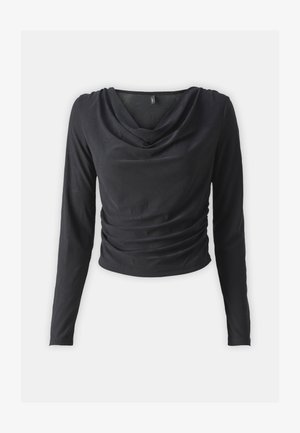 Musta pikaeelse pluus, millel on voogav kaelus, kogutud külgedega ja pehme, veniv kangas. Üksikasjalik disain, millel on lühendatud hem.