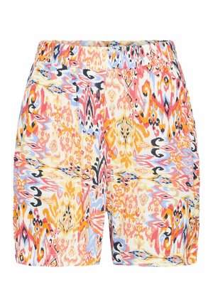 Colorful patterned shorts with a white base, featuring swirls of pink, blue, yellow, and black. Elastic waistband for comfort.