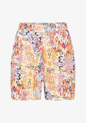 Bunte gemusterte Shorts mit weißem Grund, die mit Wirbeln aus Pink, Blau, Gelb und Schwarz versehen sind. Elastischer Bund für mehr Komfort.