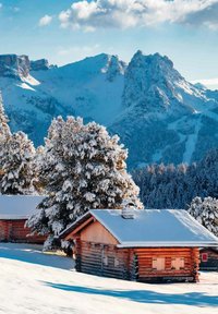 Cabane en bois avec un toit en pente, recouverte de neige, entourée d'arbres à feuilles persistantes légèrement saupoudrés de neige et de montagnes en arrière-plan sous un ciel ensoleillé.
