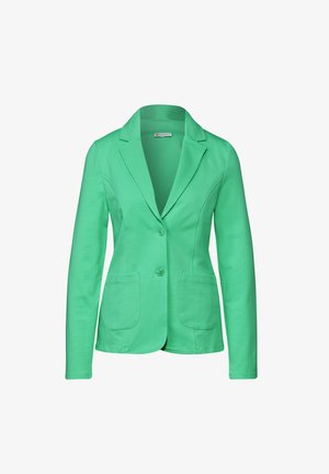 Groene blazer van zacht materiaal, met een gesneden kraag, twee voorzakken en een enkele knoopsluiting. Perfecte pasvorm en een gladde textuur.