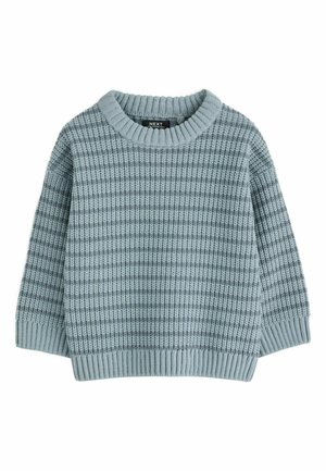 Light blue knitted sweater with ribbed crew neck, cuffs, and hem, featuring a textured horizontal striped pattern.
