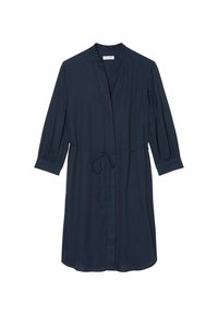 Abito blu navy, lunghezza al ginocchio, con una vestibilità comoda, colletto alla mandarina, maniche lunghe con polsini e vita regolabile grazie a un nastro. Tessuto dalla texture liscia.
