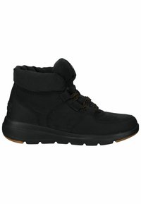 Chaussures noires mi-montantes avec un col rembourré, dessus texturé, bout arrondi et laçage à l'avant. Semelle en caoutchouc avec une accentuation brune contrastante.