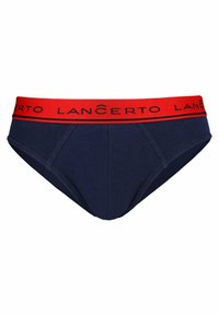 Granatowe slipy wykonane z bawełny, z czerwonym elastycznym paskiem w talii z czarnym napisem "LANCERTO" oraz gładką strukturą i klasycznym krojem.