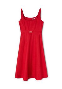 Rochie roșie fără mâneci, cu un corset ajustat, fustă largă și un accent decorativ auriu la talie. Material din bumbac neted.