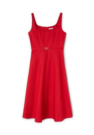 Vestido rojo sin mangas con un corsé ajustado, falda acampanada y un detalle decorativo dorado en la cinturilla. Tejido de algodón suave.
