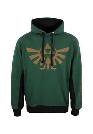Green hooded sweatshirt featuring a gold Triforce design on the front, black sleeves and bottom hem, with drawstrings for the hood.