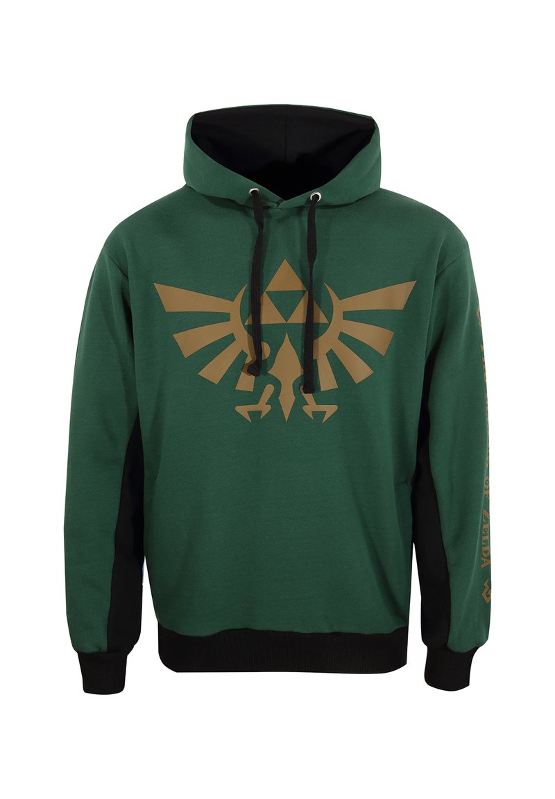 Zielona bluza z kapturem z złotym wzorem Triforce z przodu, czarnymi rękawami i dolnym wykończeniem, z troczkami do kaptura.