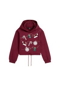 Felpa corta bordeaux con cappuccio e cordoncino, caratterizzata da design decorativi a tema festivo con paillettes: bastoncini di zucchero, regali e fiocchi di neve.