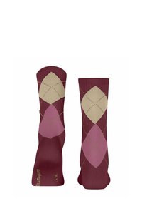 Bordeauxfarbene knielange Socken mit einem Diamantmuster in Beige und verschiedenen Rosa-Tönen. Mit geripptem Bund und elastischem Körper für eine gute Passform.