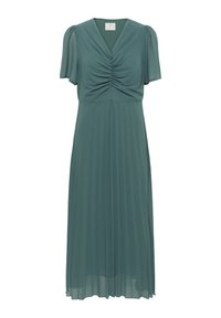 Teal dress made of lightweight fabric, featuring short puff sleeves, a V-neckline, ruched bodice, and a pleated skirt.