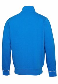 Blå sweatshirt med hög krage, långa ärmar och vit detalj vid manschetten. Tillverkad av mjukt tyg med en slät yta.