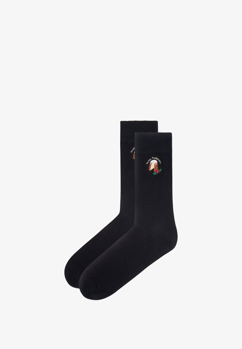 Black cotton socks with a ribbed cuff, featuring an embroidered logo in colors of tan, green, and red on the side. Smooth texture, classic design.