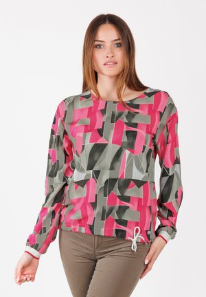 Long-sleeve top in a multicolored geometric print featuring shades of pink, green, and gray. Includes a drawstring at the hem. Smooth fabric.