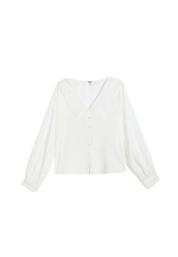 Blusa bianca a maniche lunghe con scollo a V e dettagli in pizzo floreale sul colletto. Presenta una chiusura con bottoni frontali e polsini arricciati. Tessuto setoso.