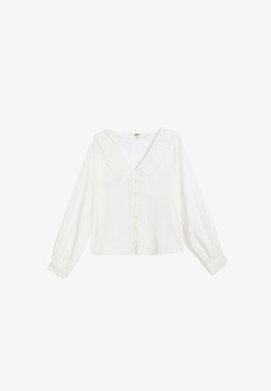 Weiße Bluse mit langen Ärmeln, V-Ausschnitt und floralem Spitzenbesatz am Kragen. Verfügt über eine Knopfleiste vorne und geraffte Bündchen. Seidige Textur.