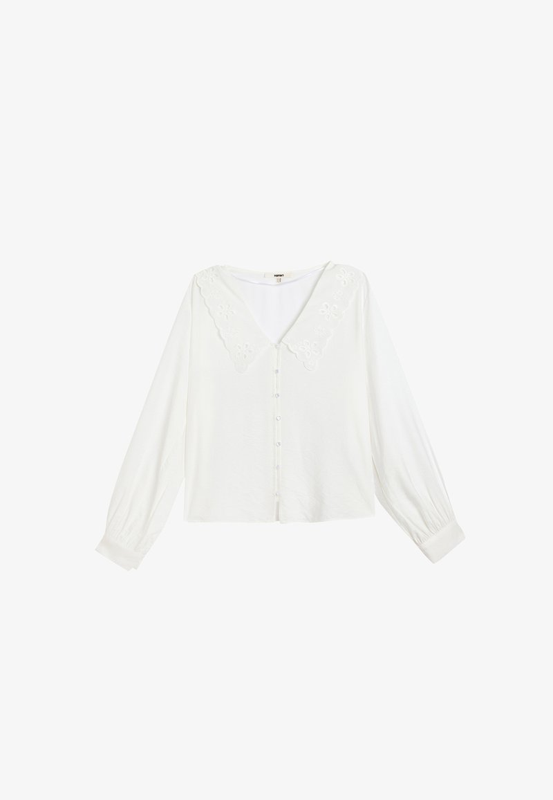 White long-sleeve blouse with a V-neck and floral lace detailing on the collar. Features front button closure and gathered cuffs. Silky texture.