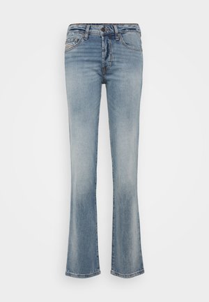Light blue denim flared jeans with a mid-rise waist, five-pocket design, subtle fading, and stitching accents along the pockets and seams.