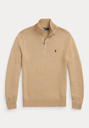 Pull en maille beige avec une fermeture éclair au quart et un petit logo Polo Ralph Lauren bleu foncé sur la poitrine gauche.