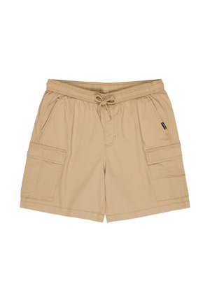 Beige cargo shorts made of soft cotton, featuring an elastic waistband, drawstring, two side pockets, and a patch pocket on the right leg.