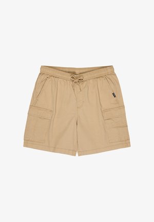 Shorts cargo beiges en coton doux, avec une taille élastique, un cordon de serrage, deux poches latérales et une poche plaquée sur la jambe droite.