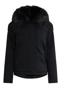 Sort jakke med en faux fur hætte, lynlåslukning og sidelommer. Har en glat stofstruktur og et let cropped design.
