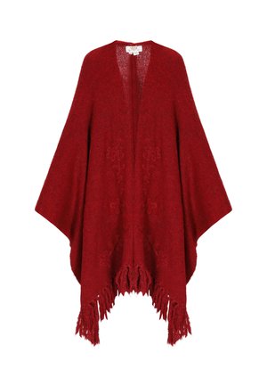 Roter gestrickter Poncho mit weicher Textur, offener Vorderseite und Fransen am Saum. Verfügt über dezente Musterung des Stoffes für zusätzliche Details.