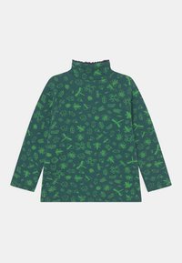 Maglia a maniche lunghe verde con collo alto, caratterizzata da un motivo ripetitivo di vari insetti in una tonalità verde più chiara. Tessuto morbido.
