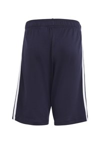 Navy athletic shorts with an elastic waistband, featuring white side stripes. Made from a smooth, breathable fabric.
