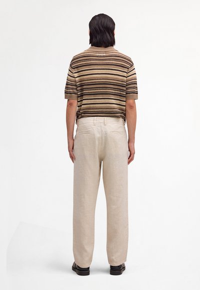 Person mit mittellangem dunklem Haar trägt ein braun gestreiftes kurzärmeliges Hemd und hellbeige Hosen, Rückansicht.