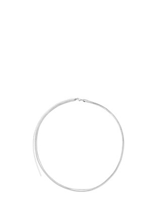 Silver thin chain necklace with a small clasp and an adjustable extension chain on a white background.