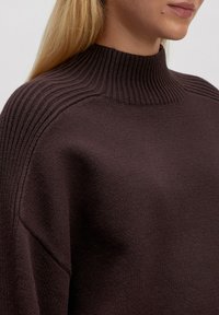 Brauner Pullover mit hohem Rippkragen, der aus strukturiertem Stoff gefertigt ist und weite Ärmel hat, was eine lockere Passform und markante Nahtdetails bietet.