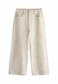 Beige Weitbein-Hosen aus Baumwolle mit glatter Textur. Mit einem Knopfverschluss, zwei Fronttaschen und einem schlichten Design.