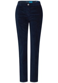 Marineblauwe corduroy broek met een slim fit, voorzien van een knoopsluiting, ceintuurlussen, voor- en achterzakken, en een zachte textuurafwerking.