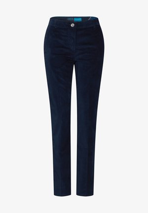 Mørkeblå kordfløjspants med slim fit, der har en knaplukning, bæltestropper, for- og baglommer samt en blød tekstureret overflade.