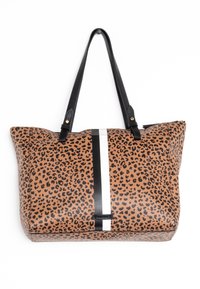 Brun leopardprint totebag med sort og hvid lodret stribe og sorte læder skulderremme.