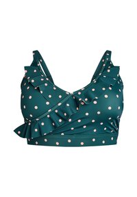 Teal bh med rosa prickar. Har volangdetaljer längs halsringningen och en korsdesign. Tillverkad av ett mjukt, stretchigt tyg.
