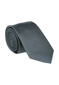 Grau gestreifte Krawatte aus glattem Material, mit einer traditionellen konischen Form und einem gerollten Design ohne sichtbare Muster oder Hardware.