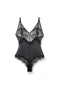 Černý korzetový overal z krajky s květinovým vzorem, hlubokým výstřihem, nastavitelnými ramínky a vroubkovanými okraji. Měkký síťovaný materiál se zapínáním na knoflíky.