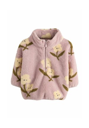 Lyserød fleece-pullover med halv lynlås og gule blomster i mønster med grønne stilke og blade, designet til varme og komfort.