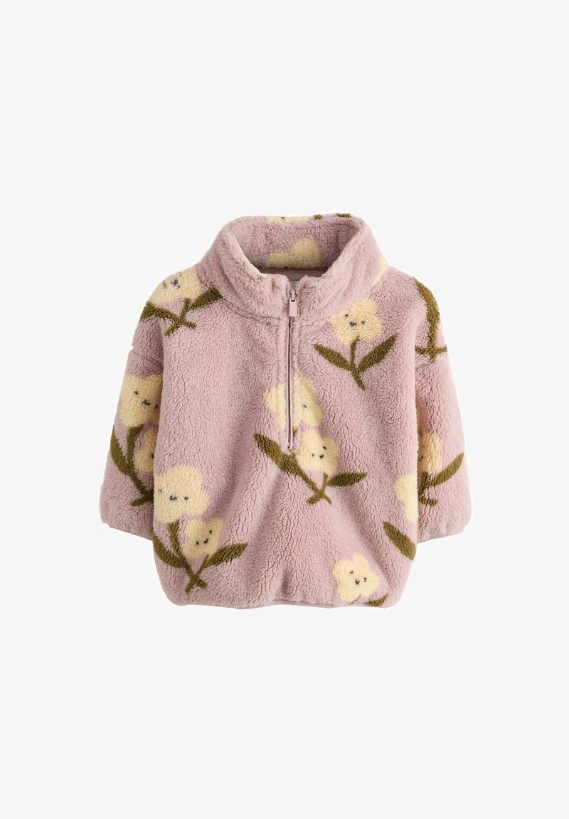 Sudadera de forro polar rosa con medio cremallera y patrones de flores amarillas con tallos y hojas verdes, diseñada para calor y comodidad.