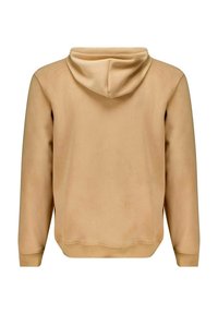Beige hoodie met een zachte textuur, kangoeroezak en geribde manchetten. Heeft een minimalistisch ontwerp zonder zichtbare logo's of accenten.